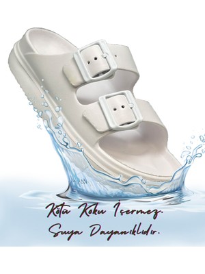 Sermoda Çift Toka Hafif Eva Yazlık Plaj Terliği Havuz Terliği Lavabo Terliği Beyaz