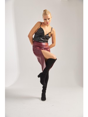 Önden Yırtmaçlı Deri Etek