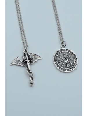 2'li Ejderha Kılıç Viking İşlemeli Pusula Gümüş Kaplama Kolye Seti