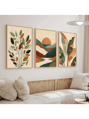 Doğal Ahşap Çerçeveli Uv Baskı 3'lü Soyut Desenli Tablo Seti – Modern & Şık Duvar Dekoru