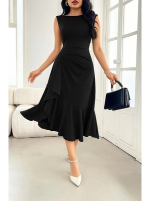 Kadın Sıfır Kollu Belden Büzgülü Eteği Volanlı Asimetrik Kesim Midi Janjan Krep Elbise