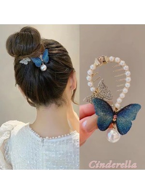 Kelebekli Gerçek Kumaş Kanatlı Yaylı Kadın Topuz Saç Tokası Metal - Sarkıt Büyük Inci Taşlı Toka