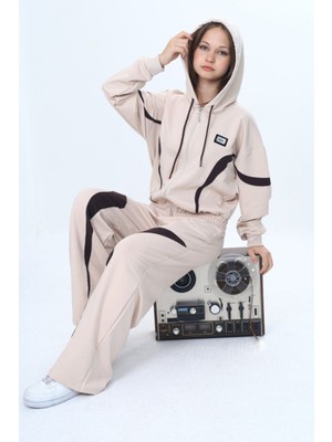 Kız Çocuk %100 Pamuk Garnili Kapüşonlu Fermuarlı Oversize Alt&üst Trend Eşofman TAKIMI-315-EŞT-0003