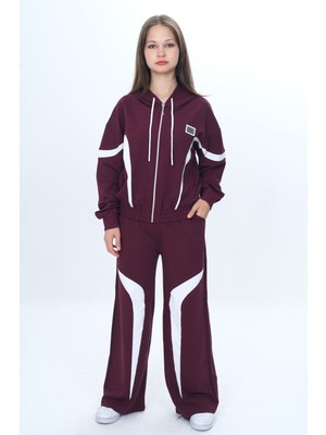 Kız Çocuk %100 Pamuk Garnili Kapüşonlu Fermuarlı Oversize Alt&üst Trend Eşofman TAKIMI-315-EŞT-0003