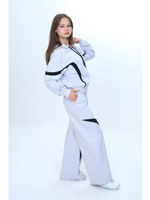Kız Çocuk %100 Pamuk Garnili Kapüşonlu Fermuarlı Oversize Alt&üst Trend Eşofman TAKIMI-315-EŞT-0003