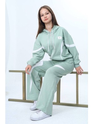 Kız Çocuk %100 Pamuk Garnili Kapüşonlu Fermuarlı Oversize Alt&üst Trend Eşofman TAKIMI-315-EŞT-2003