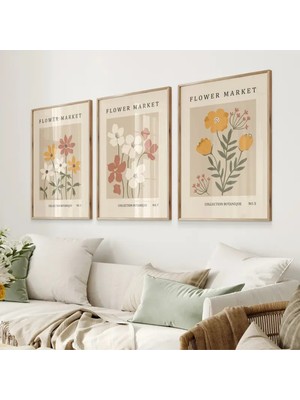 Doğal Ahşap Çerçeveli Uv Baskı 3'lü Çiçek Desenli Tablo Seti – Modern & Şık Duvar Dekoru