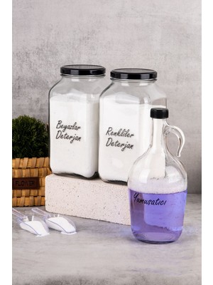 3'lü Deterjanlık Seti, Cam Kavanoz ve Galon Şişesi, Renkli ve Beyazlar Için, 3000ML ve 1500ML