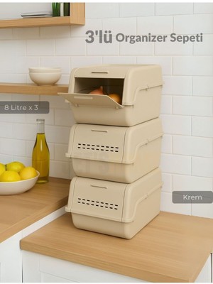 3'lü Saklama Kutusu Seti, Bpa Free, 8 Lt, Krem, Organizatör, Erzak ve Sebze Saklama