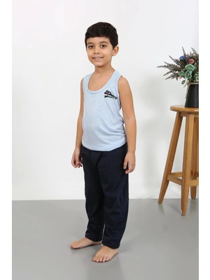Moda Çizgi Erkek Çocuk Sıfır Kol Penye Pijama Takım Mavi 20439