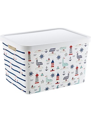 Desenli Çok Amaçlı Kapaklı Kutu 18 Lt, Mavi, Şık ve Fonksiyonel Depolama Çözümü