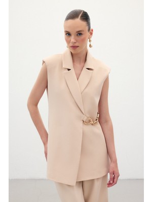 Yan Aksesuarlı Uzun Yelek - Bej