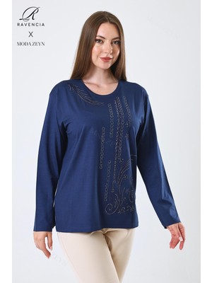 Kadın Orta Yaş ve Üzeri Viskon Halka Şerit Desen Taşlı Işlemeli Likralı Indigo Anne Penye Bluz