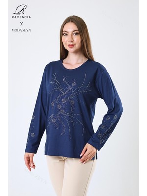 Kadın Orta Yaş ve Üzeri Viskon Yeni Kaplama Desen Taşlı Işlemeli Likralı Indigo Anne Penye Bluz