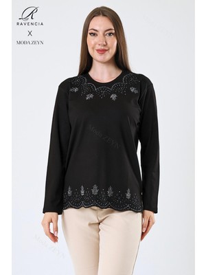 Kadın Orta Yaş ve Üzeri Viskon Yaprak Desenli Eteği Yakası Taşlı Işlemeli Likralı Siyah Anne Penye Bluz