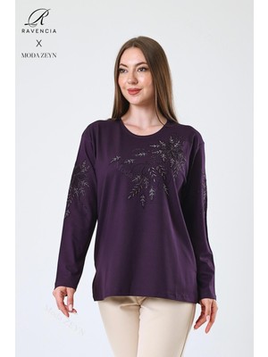 Kadın Orta Yaş ve Üzeri Viskon Çiçek Desen Taşlı Işlemeli Likralı Mürdüm Anne Penye Bluz