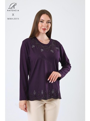 Kadın Orta Yaş ve Üzeri Viskon Yaprak Desenli Eteği Yakası Taşlı Işlemeli Likralı Mürdüm Anne Penye Bluz