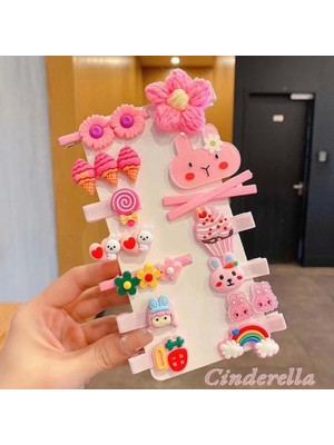 14'lü Pembe Tonlu Çocuk Pens Klipsli Çıtçıt Toka Seti Model-9 - Gökkuşağı Çiçek Dondurma Figürlü