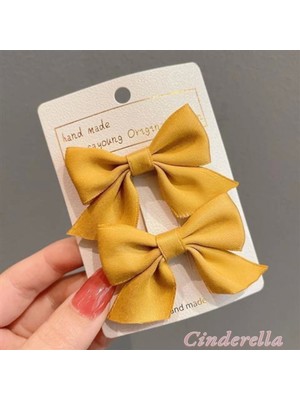 2'li Çocuk Saten Fiyonk Toka Seti Sarı - Kurdele Fiyonklu Klips Pens Saç Tokası