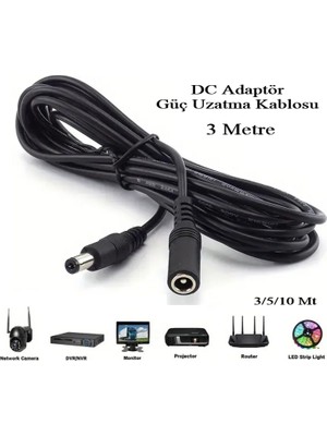 Adaptör Dc Uzatma Güç Kablosu (3 Metre) 5.5 x 2.1 mm Dişi / Erkek