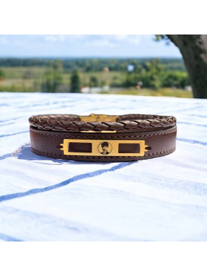 Altın Plakalı 14 Ayar Atatürk Temalı Dikdörtgen Motifli Kahverengi Derili Hediye BILEKLIK-532SEMBOL