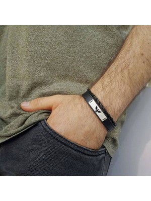 Kral Kartal Temalı 925 Ayar Gümüş Plakalı Dikdörtgen Figürlü Siyah Derili Hediye BILEKLIK-534SEMBOL