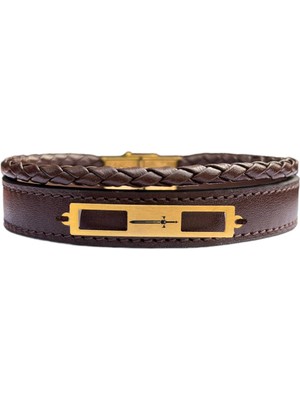 Altın Plakalı 14 Ayar Kılıç Temalı Dikdörtgen Motifli Kahverengi Derili Hediye BILEKLIK-532SEMBOL