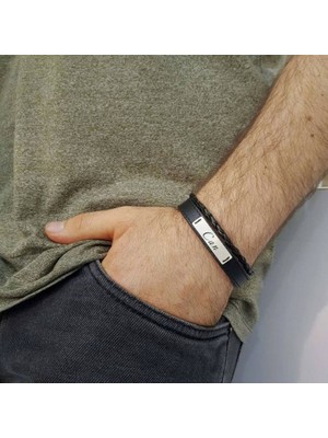 Can Ismine Özel Hakiki Siyah Derili Taç Motifli 925 Ayar Gümüş Plakalı Hediye BILEKLIK-535ISIM