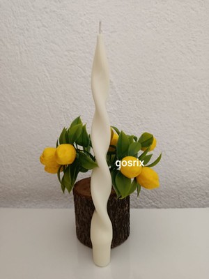 Qosrix Açık Krem Burgulu Şamdan Soya Mumu Doğal Kokulu Uzun Çubuk Konik Burgu Spiral Mum Dekoratif 1 Adet