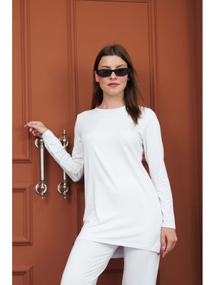 Penye Bizden Kadın Viskon Full Likra Tunik-Beyaz