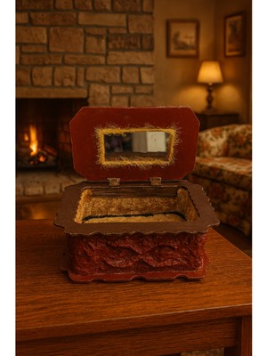 Taşlı Aynalı Kapaklı Vintage Ahşap Kutu – Kadife Kaplı, Dekoratif Obje