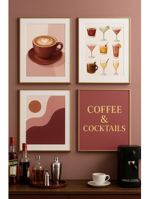 Mc Home Art Doğal Ahşap Çerçeveli Uv Baskı 4'lü Coffee Cocktails Tablo Seti – Modern & Şık Duvar Dekoru