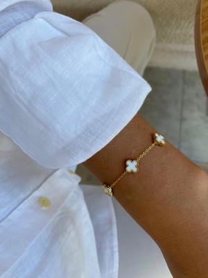 Sedef Taşlı Gold Çift Yönlü Yonca Van Cleff Mini Boy Çelik Bileklik