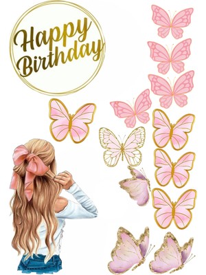 Deniz Parti Kelebek ve Kız Yenilebilir Cupcake ve Pasta Resim Baskı