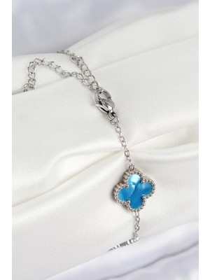 Zarif Kadın Için Silver Çelik Sedefli Gökyüzü Mavisi Yonca Bilekilk