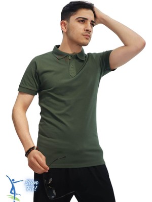 Erkek Slim Fit Dar Kesim Pamuklu Yumuşak Doku Nefes Alan Kumaş Kıvrılmaz Yaka Haki Polo Yaka Tişört Haki