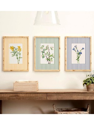Mc Home Art Doğal Ahşap Çerçeveli Uv Baskı 3'lü Renkli Çizgili Çiçek Desenli Tablo Seti Modern Şık Duvar Dekoru