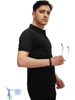 Erkek Slim Fit Dar Kesim Pamuklu Yumuşak Doku Nefes Alan Kumaş Kıvrılmaz Yaka Haki Polo Yaka Tişört Siyah