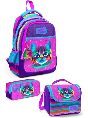 Coral High Kıds Mor Pembe Kedi Desenli 3’lü Okul Çanta Seti SET0123477