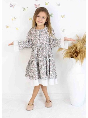 Kız Çocuk Çiçek Desenli Kaykay Düğmeli Uzun Elbise
