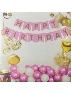 Happy Birthday Pembe Gold Yazı Varaklı Lüx Banner