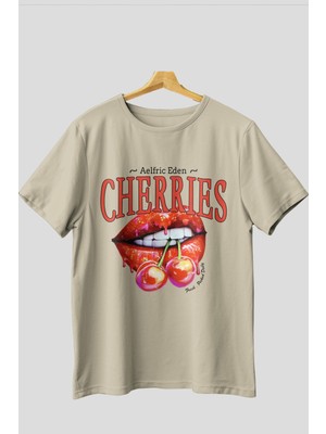 Cherry Cherries 3 Ön Baskılı Oversize T-Shirt Erkek Kadın Pamuk Bisiklet Yaka Tişort