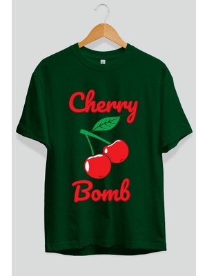 Cherry Bomb Cherries 1 Ön Baskılı Oversize T-Shirt Erkek Kadın Pamuk Bisiklet Yaka Tişort