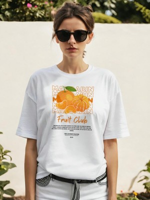 Mandarin Ön Baskılı Beyaz Oversize T-Shirt Erkek Kadın Pamuk Bisiklet Yaka Tişort