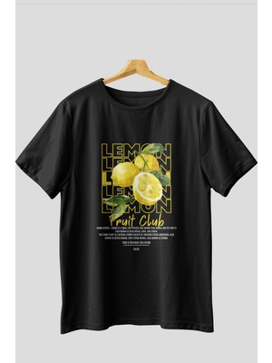 Lemon Ön Baskılı Siyah Oversize T-Shirt Erkek Kadın Pamuk Bisiklet Yaka Tişort