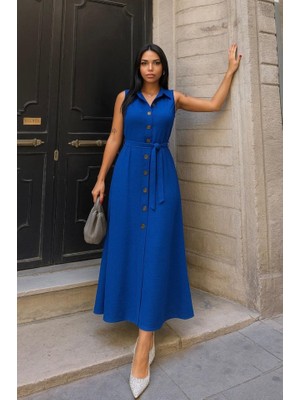 Kadın Düğme Detay Kuşak Dahil Elbise