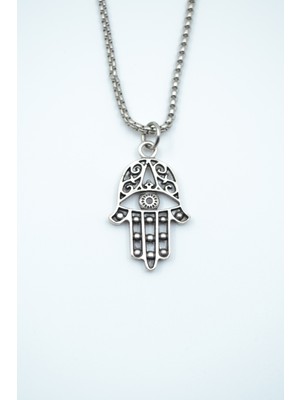 Bu Farklı Fatma Ana Eli Örme Zincir Kolye - Gümüş Kaplama - Erkek Kadın Kolye - NO:1421