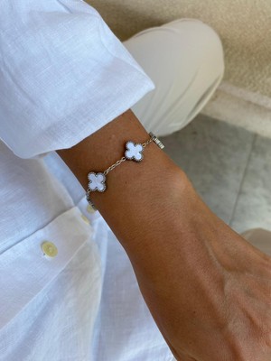 Taşlı Silver Beyaz Çift Yönlü Yonca Van Cleff Orta Boy Çelik Bileklik