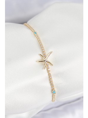 Pirinç Zirkon Taşlı Deniz Yıldızı Model Gold Renk Kadın Bilekilk