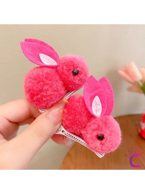 2'li Tavşanlı Bebek Saç Tokası Sıcak Pembe - Astarlı Yumuşak Bebek Saç Aksesuarı Çocuk Toka Seti